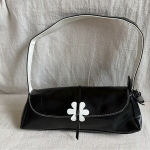 Vintage Rolfs Black Leather Baguette Bag Y2K White Flower Daisy Shoulder Bag